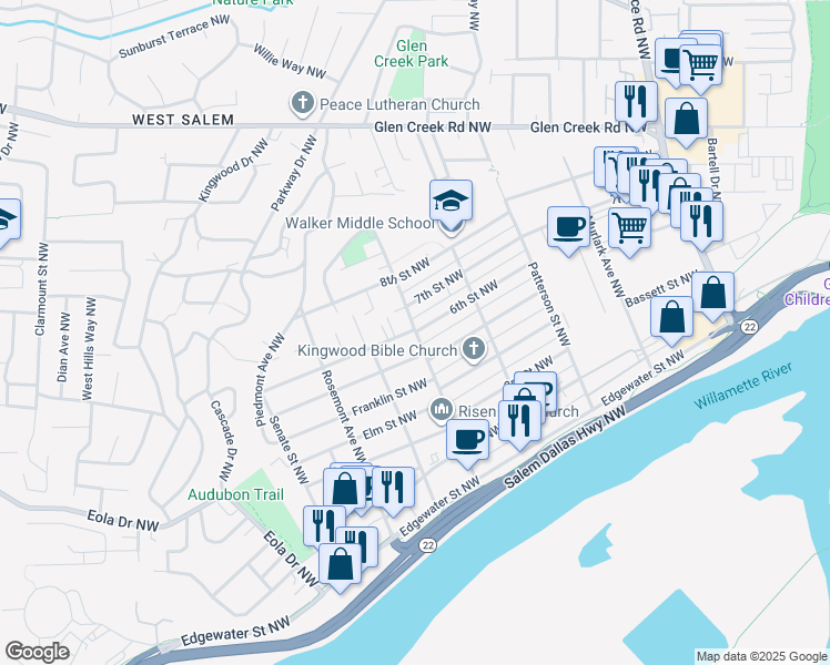 map of restaurants, bars, coffee shops, grocery stores, and more near 1229 6th Street Northwest in Salem