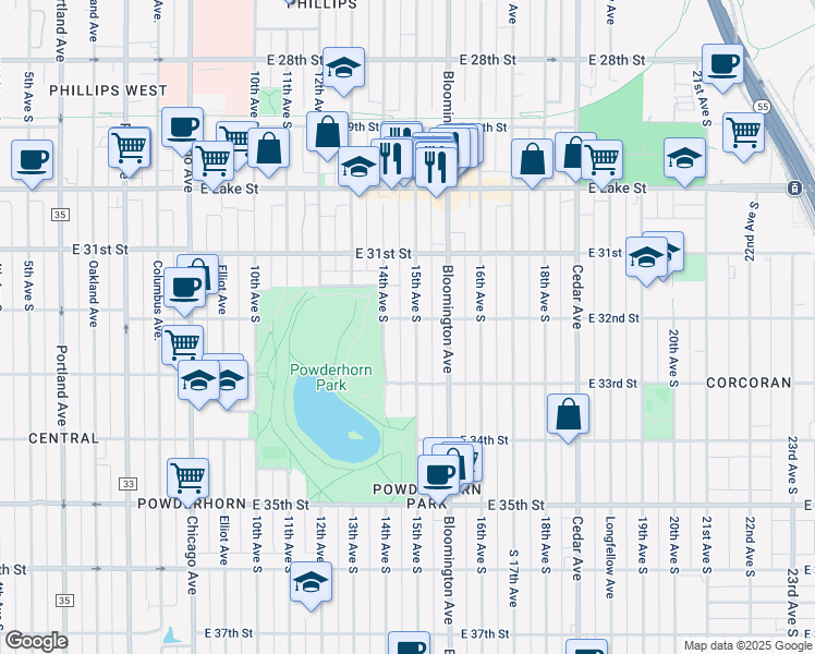 map of restaurants, bars, coffee shops, grocery stores, and more near 3201 South 15th Avenue in Minneapolis