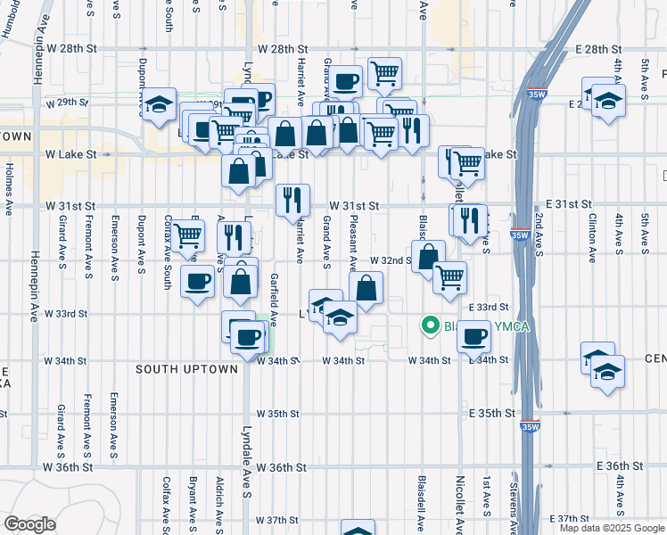 map of restaurants, bars, coffee shops, grocery stores, and more near 3204 Pleasant Avenue in Minneapolis