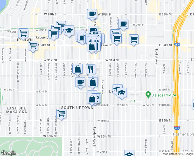 map of restaurants, bars, coffee shops, grocery stores, and more near 3203 Lyndale Avenue South in Minneapolis