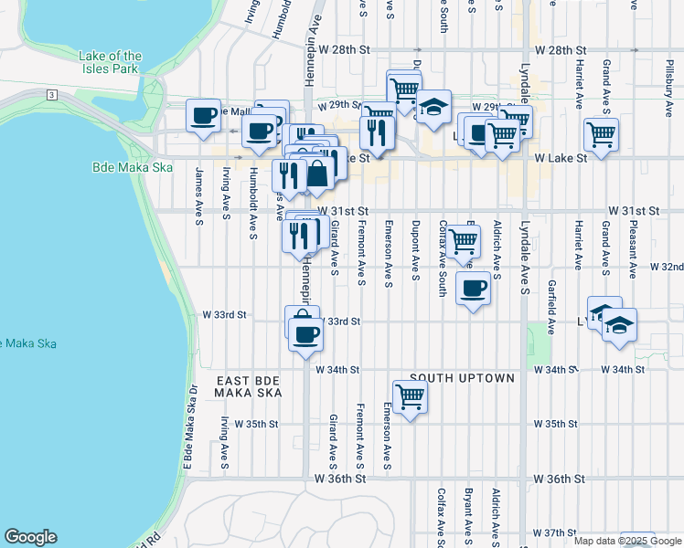 map of restaurants, bars, coffee shops, grocery stores, and more near 3201 Girard Avenue South in Minneapolis