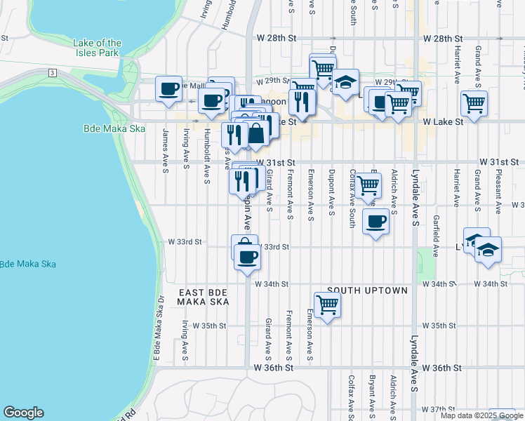 map of restaurants, bars, coffee shops, grocery stores, and more near 3201 Girard Avenue South in Minneapolis