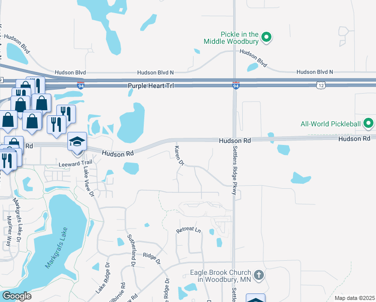map of restaurants, bars, coffee shops, grocery stores, and more near 289 Karen Drive in Woodbury