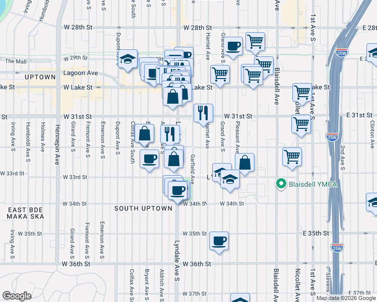 map of restaurants, bars, coffee shops, grocery stores, and more near 3205 Garfield Avenue in Minneapolis