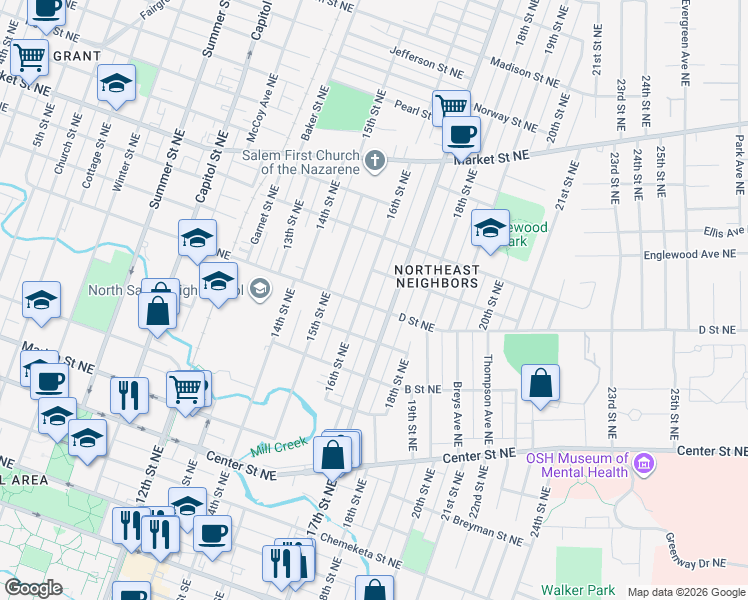 map of restaurants, bars, coffee shops, grocery stores, and more near 1641 D Street Northeast in Salem