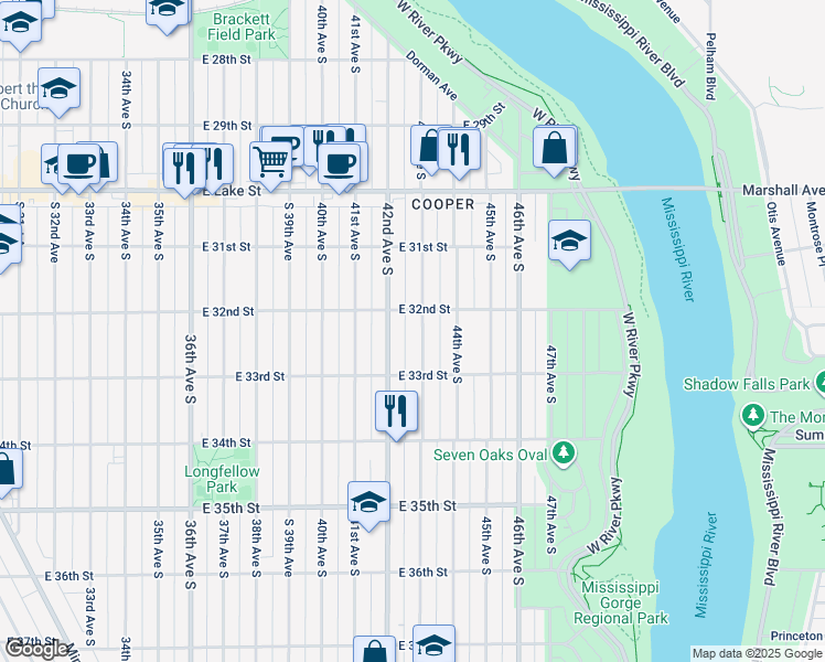 map of restaurants, bars, coffee shops, grocery stores, and more near 3212 43rd Avenue South in Minneapolis