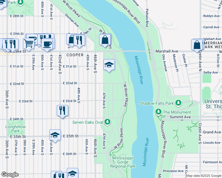 map of restaurants, bars, coffee shops, grocery stores, and more near 3216 48th Avenue South in Minneapolis