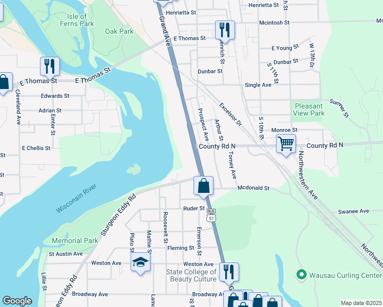 map of restaurants, bars, coffee shops, grocery stores, and more near 1314 Grand Avenue in Wausau