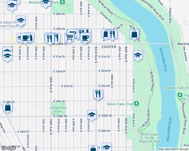 map of restaurants, bars, coffee shops, grocery stores, and more near 3214 42nd Avenue South in Minneapolis
