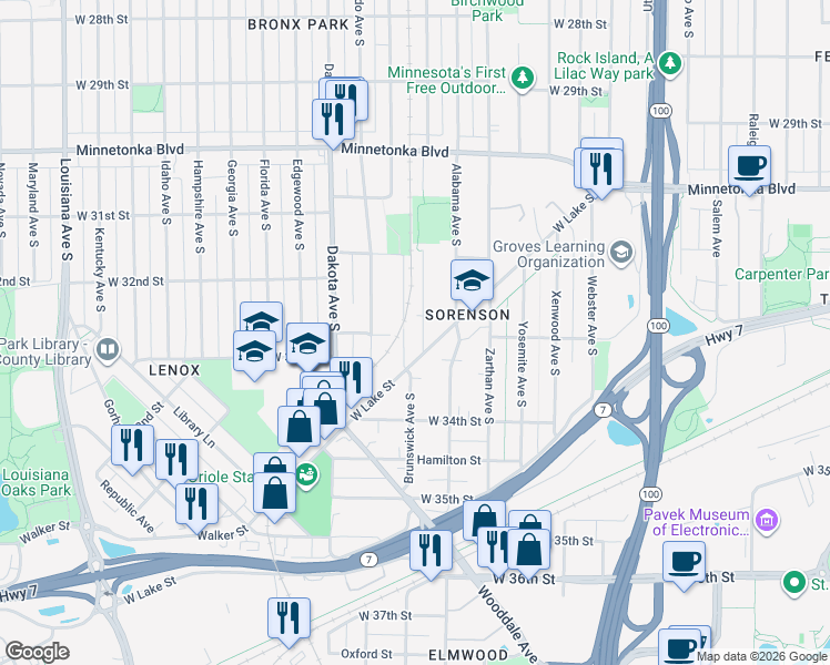 map of restaurants, bars, coffee shops, grocery stores, and more near 3266 Blackstone Avenue in Minneapolis