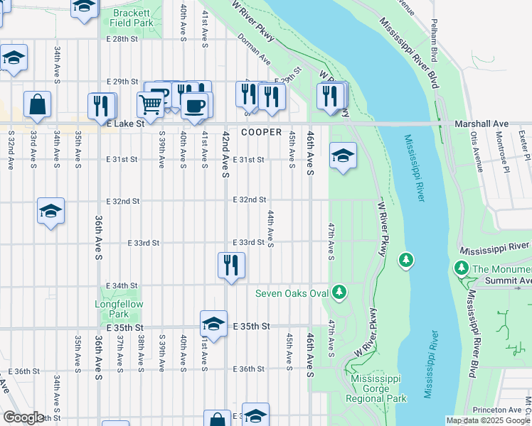 map of restaurants, bars, coffee shops, grocery stores, and more near 3212 44th Avenue South in Minneapolis