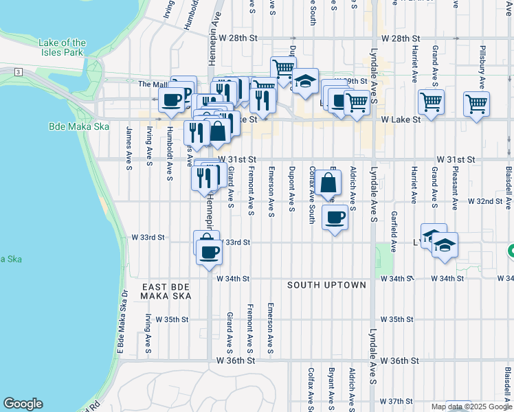 map of restaurants, bars, coffee shops, grocery stores, and more near 3201 Fremont Avenue South in Minneapolis