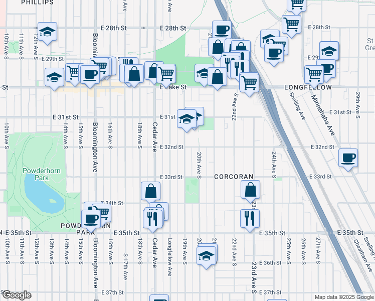 map of restaurants, bars, coffee shops, grocery stores, and more near 3201 19th Avenue South in Minneapolis