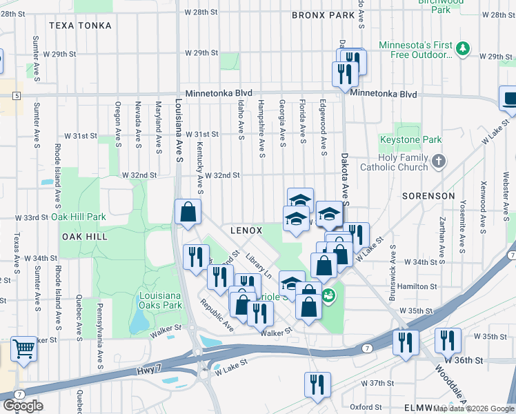 map of restaurants, bars, coffee shops, grocery stores, and more near 3236 Hampshire Avenue South in Minneapolis