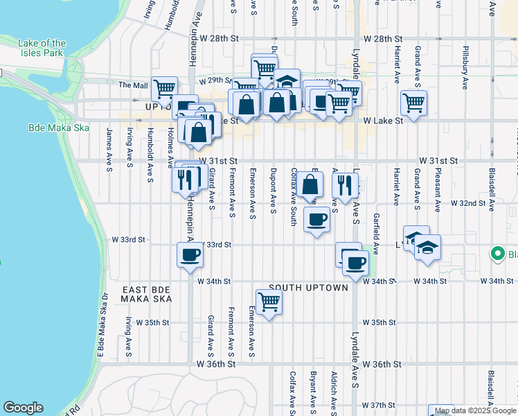 map of restaurants, bars, coffee shops, grocery stores, and more near 3201 Emerson Avenue South in Minneapolis