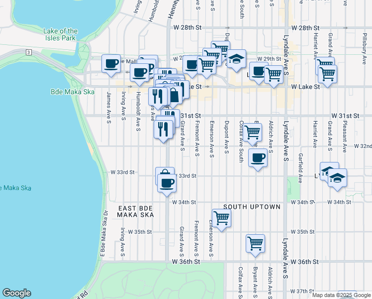 map of restaurants, bars, coffee shops, grocery stores, and more near 3201 Girard Avenue South in Minneapolis