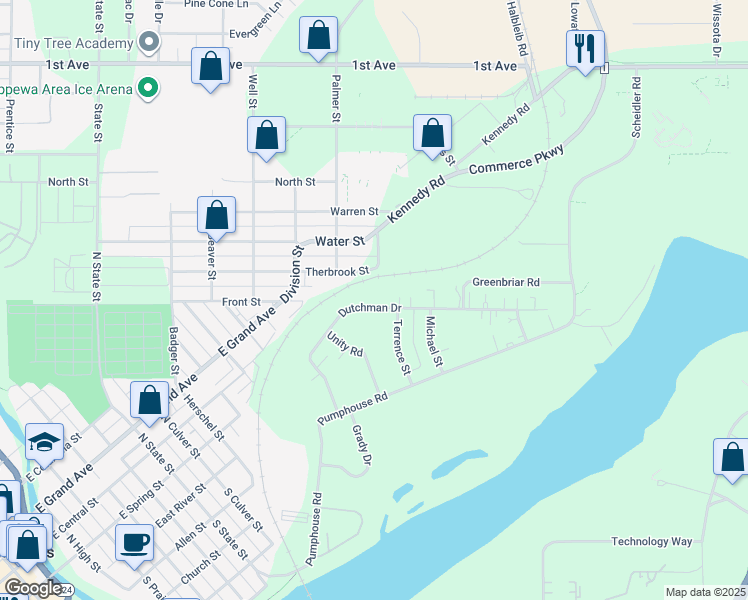 map of restaurants, bars, coffee shops, grocery stores, and more near 780 Dutchman Drive in Chippewa Falls