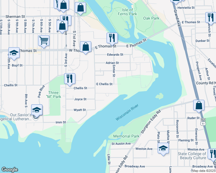 map of restaurants, bars, coffee shops, grocery stores, and more near 123 East Chellis Street in Wausau