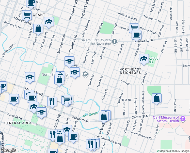 map of restaurants, bars, coffee shops, grocery stores, and more near 830-874 14th Street Northeast in Salem