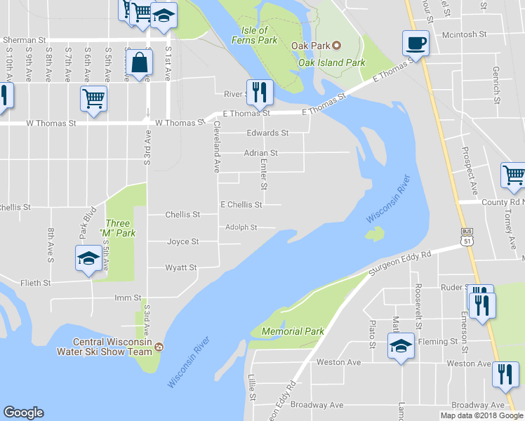 map of restaurants, bars, coffee shops, grocery stores, and more near 123 East Chellis Street in Wausau