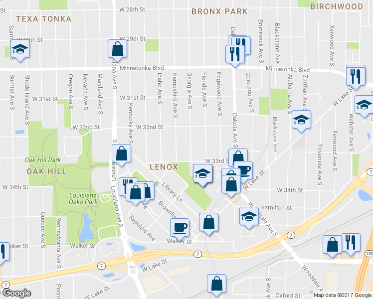 map of restaurants, bars, coffee shops, grocery stores, and more near 3236 Georgia Avenue South in Minneapolis