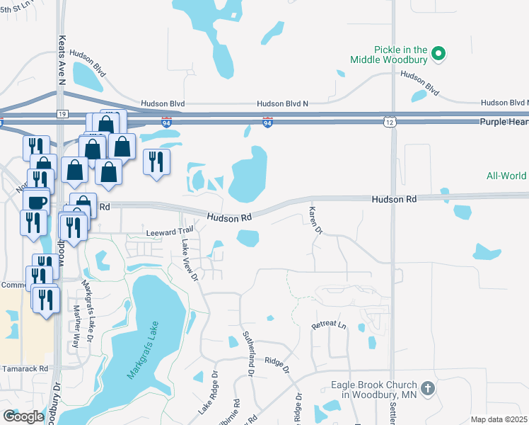 map of restaurants, bars, coffee shops, grocery stores, and more near 10609 Hudson Road in Woodbury