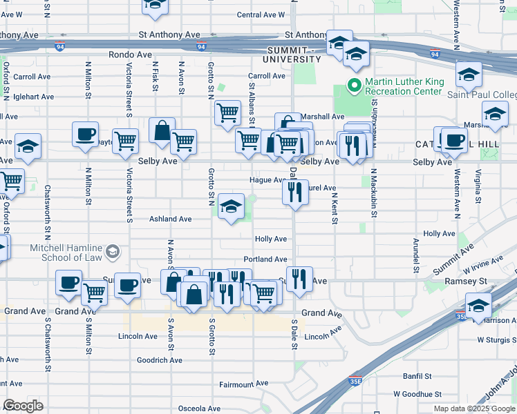 map of restaurants, bars, coffee shops, grocery stores, and more near 110 Saint Albans Street North in Saint Paul