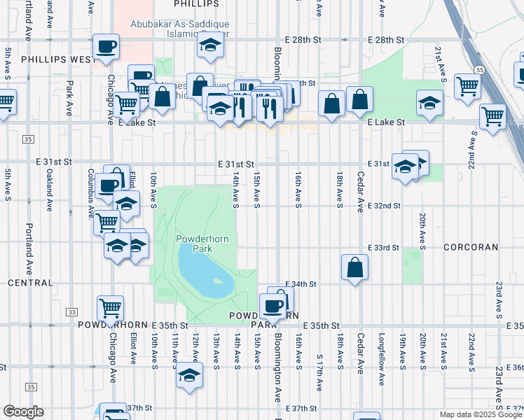 map of restaurants, bars, coffee shops, grocery stores, and more near 3201 South 15th Avenue in Minneapolis