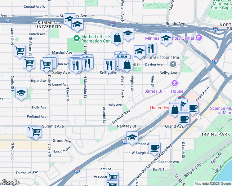 map of restaurants, bars, coffee shops, grocery stores, and more near 401 Ashland Avenue in Saint Paul