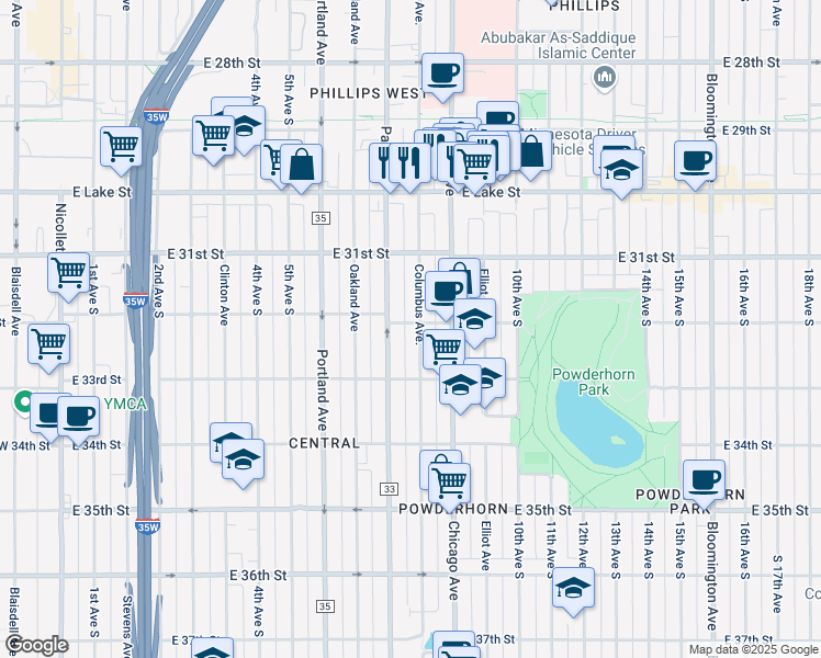 map of restaurants, bars, coffee shops, grocery stores, and more near 3200 Columbus Avenue in Minneapolis