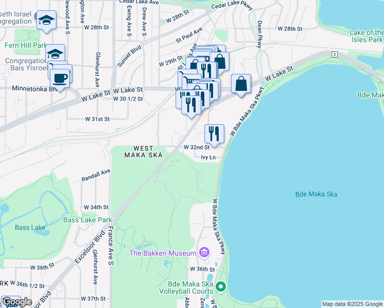 map of restaurants, bars, coffee shops, grocery stores, and more near 3210 Zenith Avenue South in Minneapolis