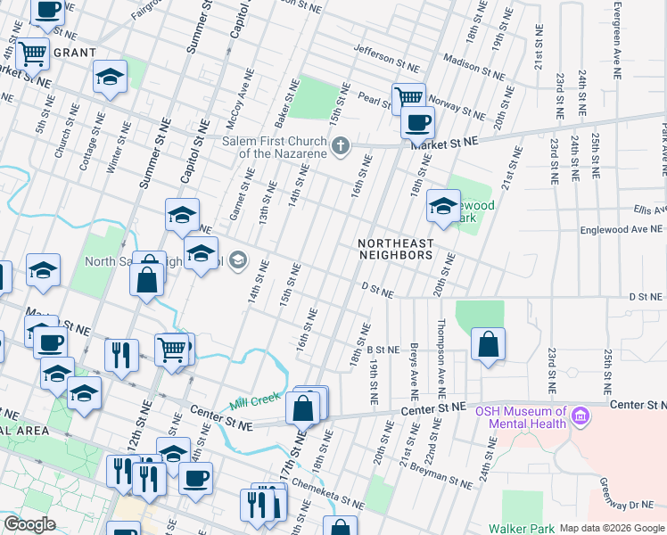 map of restaurants, bars, coffee shops, grocery stores, and more near 1641 D Street Northeast in Salem