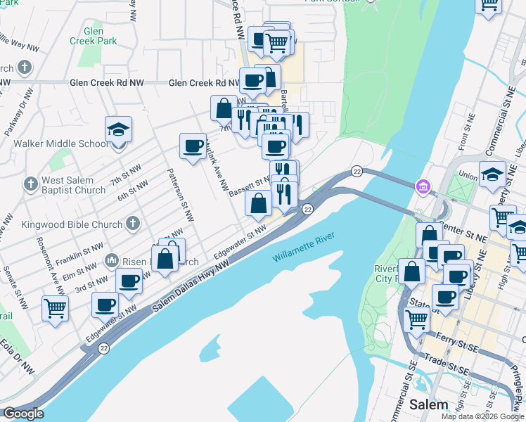 map of restaurants, bars, coffee shops, grocery stores, and more near 695 1st Street Northwest in Salem
