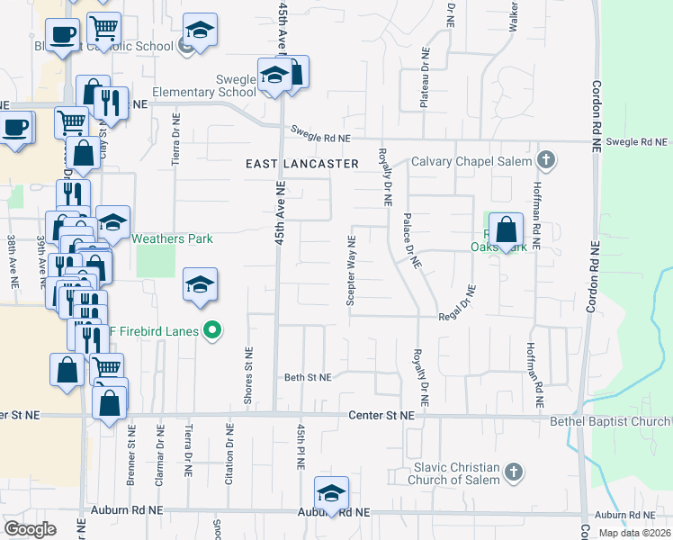 map of restaurants, bars, coffee shops, grocery stores, and more near 4580 Swallow Court Northeast in Salem