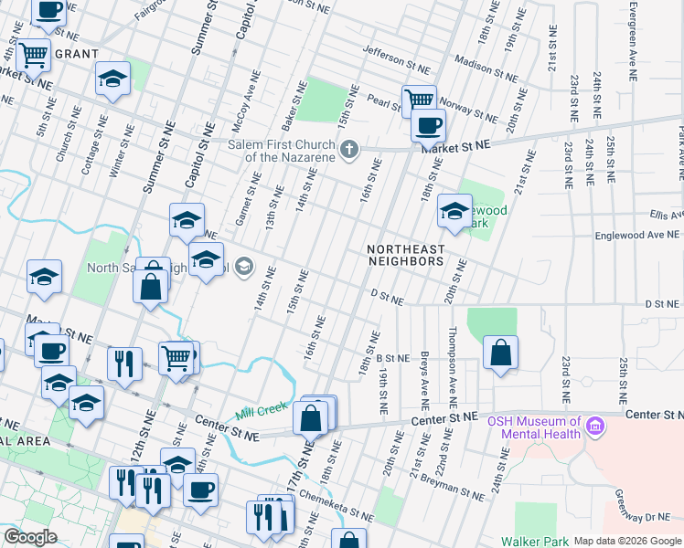 map of restaurants, bars, coffee shops, grocery stores, and more near 1641 D Street Northeast in Salem