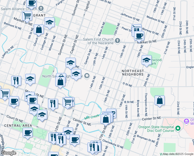 map of restaurants, bars, coffee shops, grocery stores, and more near 830-874 14th Street Northeast in Salem