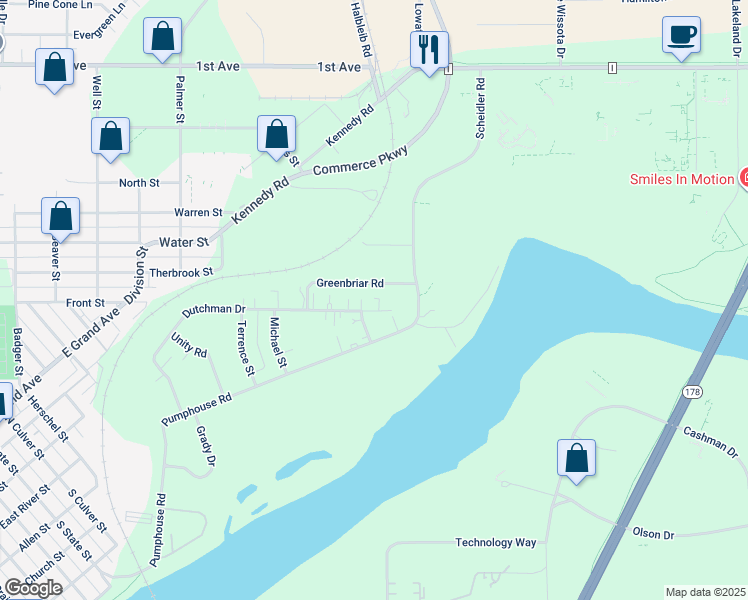 map of restaurants, bars, coffee shops, grocery stores, and more near 1126 Dutchman Court in Chippewa Falls