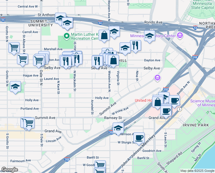map of restaurants, bars, coffee shops, grocery stores, and more near 401 Ashland Avenue in Saint Paul