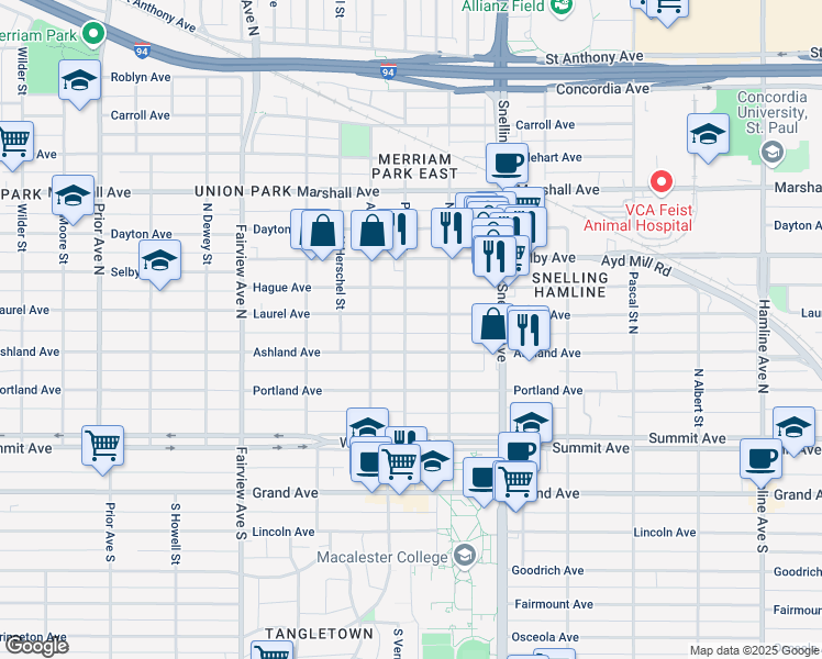 map of restaurants, bars, coffee shops, grocery stores, and more near 1670 Laurel Avenue in Saint Paul