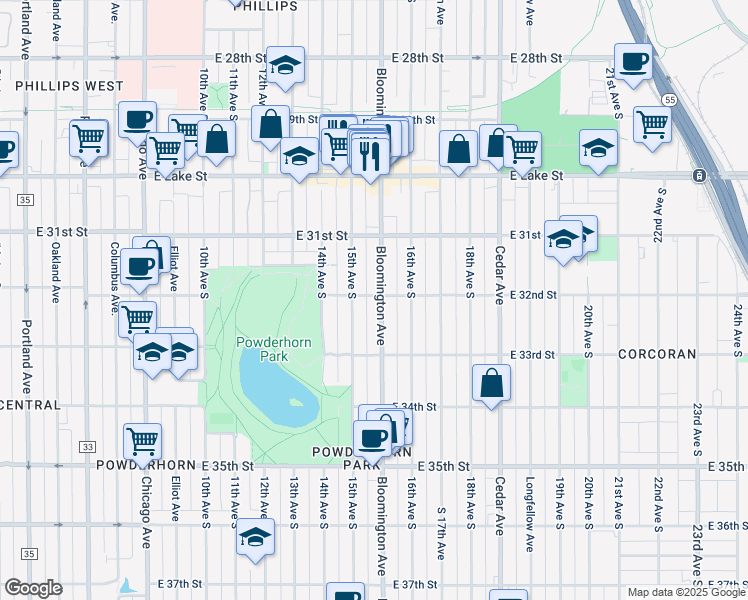 map of restaurants, bars, coffee shops, grocery stores, and more near 3201 South 15th Avenue in Minneapolis