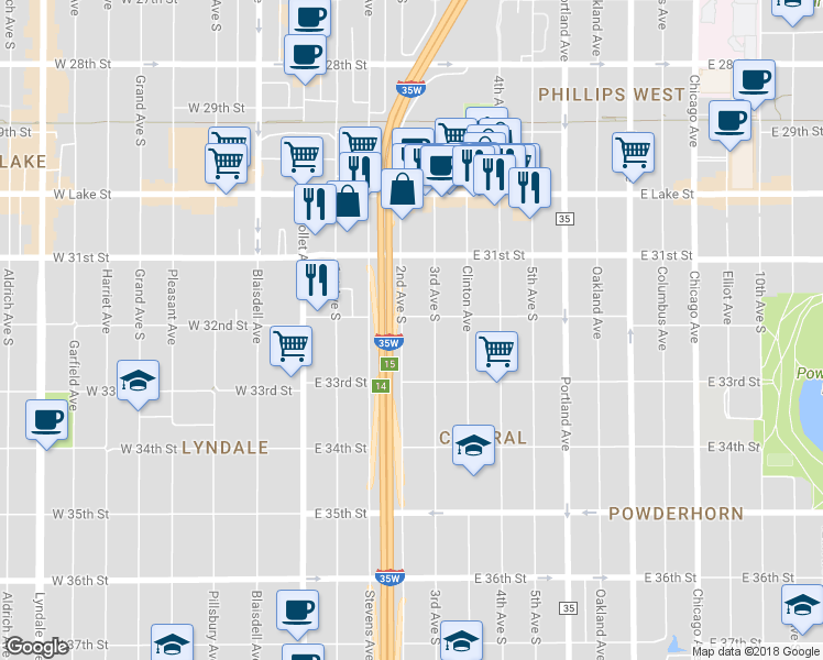 map of restaurants, bars, coffee shops, grocery stores, and more near 3212 3rd Avenue South in Minneapolis