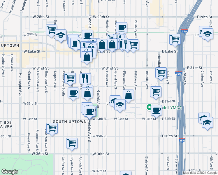 map of restaurants, bars, coffee shops, grocery stores, and more near 413 West 32nd Street in Minneapolis