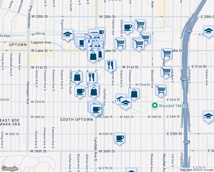 map of restaurants, bars, coffee shops, grocery stores, and more near 3205 Garfield Avenue in Minneapolis