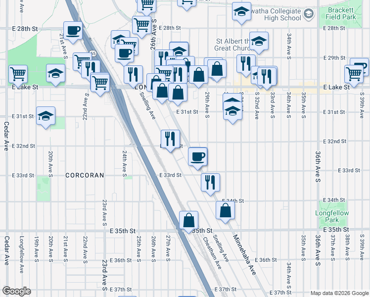 map of restaurants, bars, coffee shops, grocery stores, and more near 2717 East 32nd Street in Minneapolis