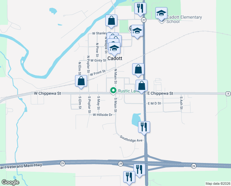 map of restaurants, bars, coffee shops, grocery stores, and more near 109 East Chippewa Street in Cadott