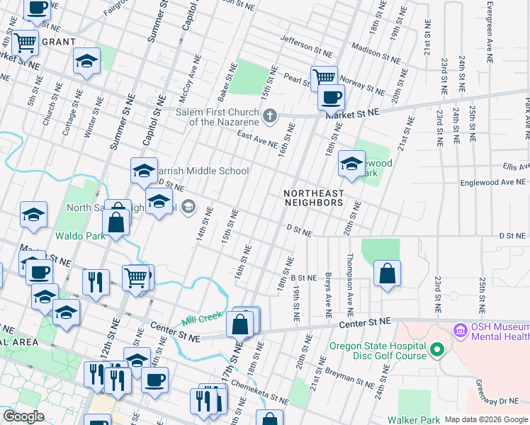 map of restaurants, bars, coffee shops, grocery stores, and more near 1641 D Street Northeast in Salem