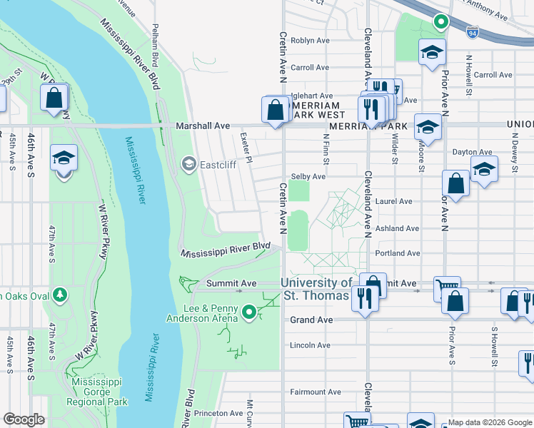 map of restaurants, bars, coffee shops, grocery stores, and more near 102 Exeter Place in Saint Paul