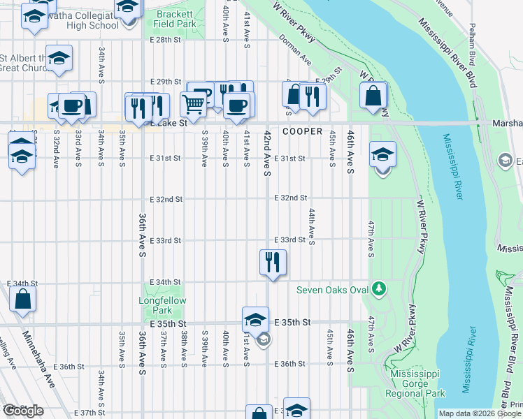 map of restaurants, bars, coffee shops, grocery stores, and more near 3214 42nd Avenue South in Minneapolis