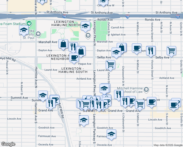 map of restaurants, bars, coffee shops, grocery stores, and more near 109 Lexington Parkway North in Saint Paul