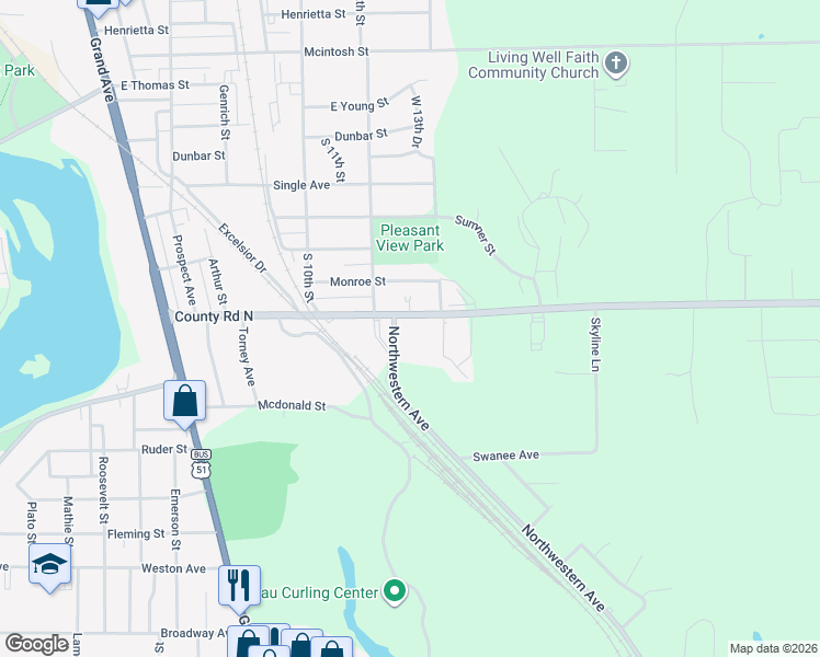 map of restaurants, bars, coffee shops, grocery stores, and more near 1115 Townline Road in Wausau